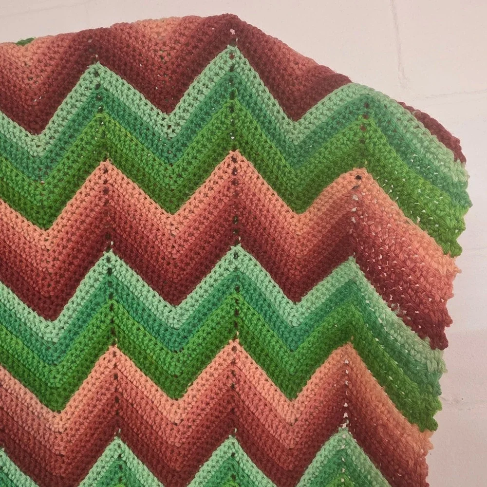 Handmade Crochet Chevron Afghan Blanket Earth Tones Green Raspberry Throw 44x68